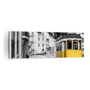 Impression sur toile - Image sur toile - Un tramway jaune sur fond de rue en noir et blanc - 160x50cm - Et du fado en arrière-plan - Décoration murale moderne pour le salon et la chambre ARTTOR