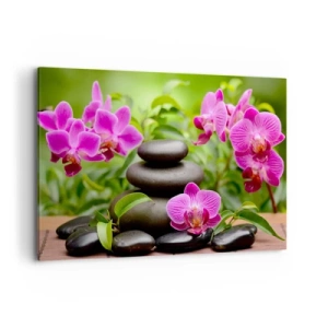 Impression sur toile - Image sur toile - Orchidées roses avec des pierres sur fond vert - 120x80cm - Pyramide de la Paix - Décoration murale moderne pour le salon et la chambre ARTTOR