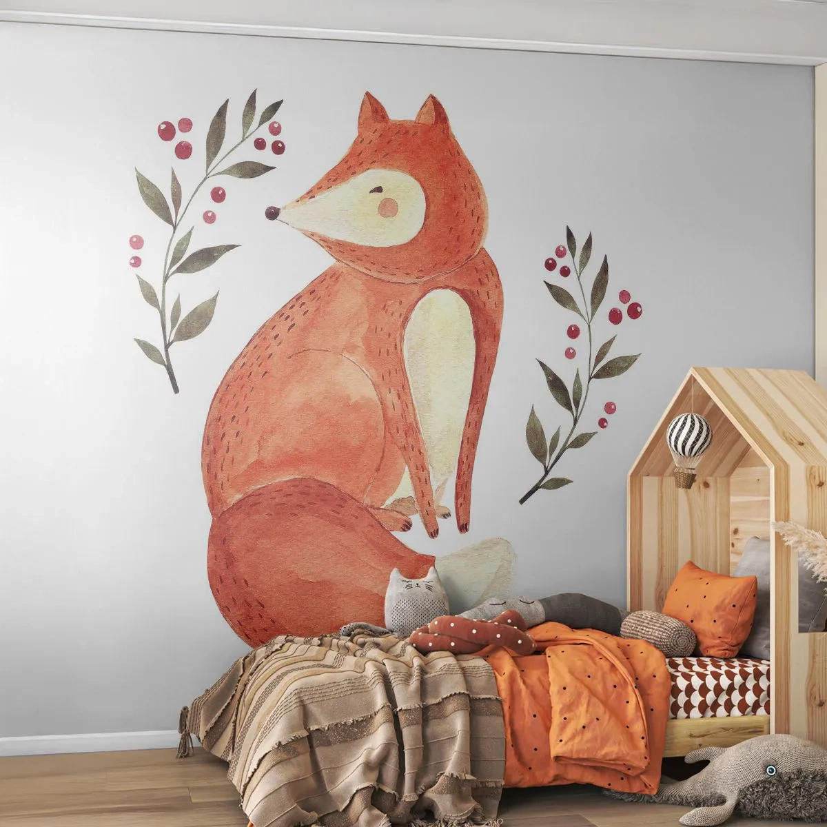 Papier Peint Photo Premium Sand - Un charmant renard aquarelle entouré de branches avec des baies rouges. - 100x70cm - Petit rouquin - Décoration murale moderne pour le salon et la chambre ARTTOR