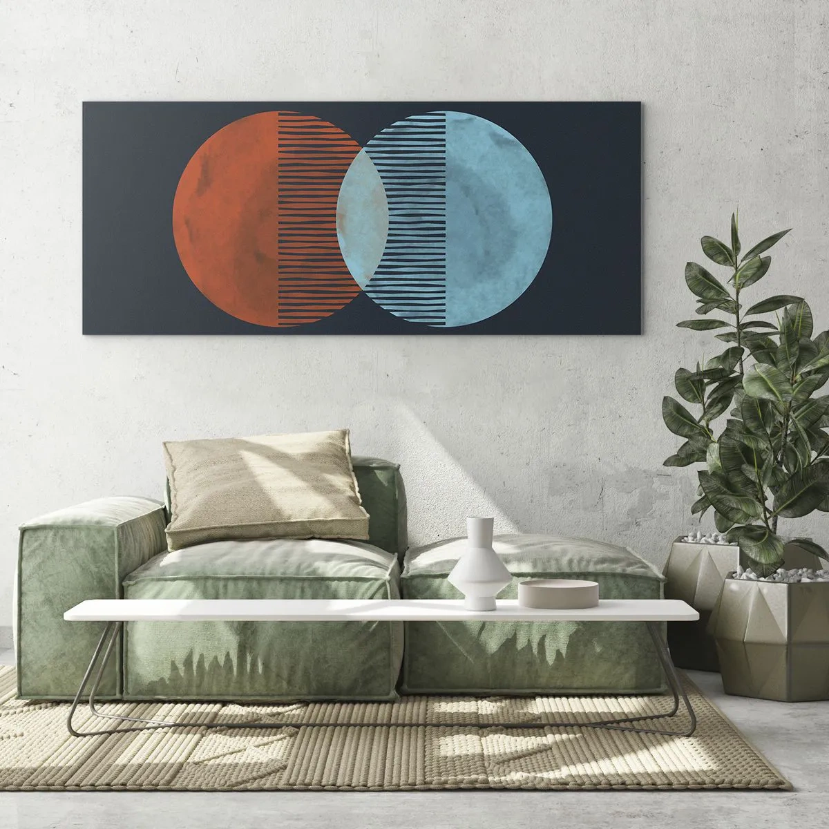 Impression sur verre - Image sur verre - Deux cercles orange et bleus sur fond sombre - 120x50cm - Fantaisie astronomique - Décoration murale moderne pour le salon et la chambre ARTTOR