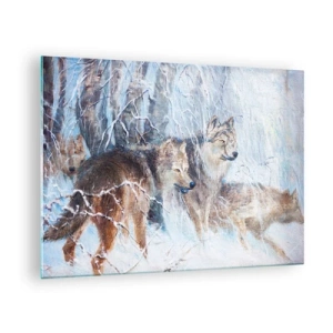 Impression sur verre - Image sur verre - Trois loups dans une forêt hivernale entourée de neige - 70x50cm - Attention! Ca arrive ... - Décoration murale moderne pour le salon et la chambre ARTTOR