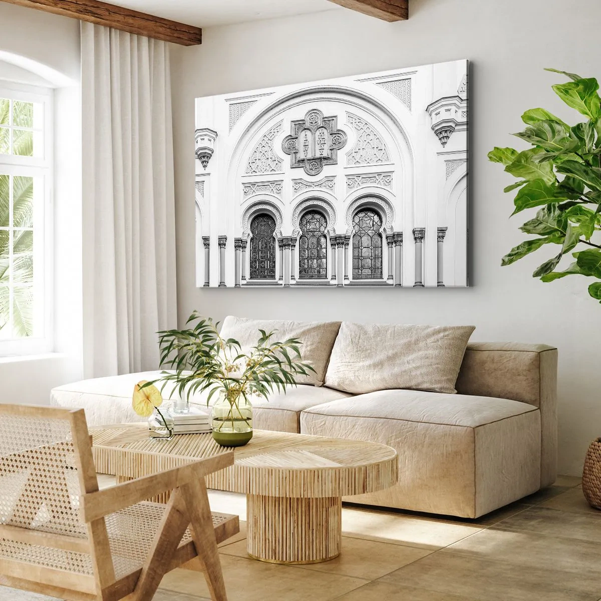 Impression sur toile - Image sur toile - Détails architecturaux de la façade dans un style monochrome - 70x50cm - À la frontière des cultures - Décoration murale moderne pour le salon et la chambre ARTTOR