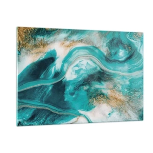 Impression sur verre - Image sur verre - Une composition abstraite en turquoise avec des accents dorés. - 120x80cm - Rivière d'or - Décoration murale moderne pour le salon et la chambre ARTTOR