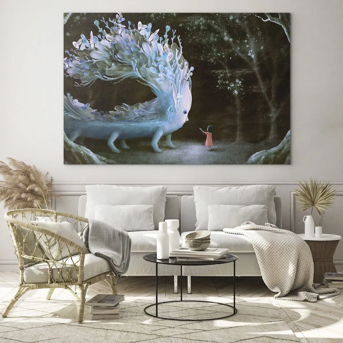 Impression sur verre - Image sur verre - Une fille rencontre une créature magique dans la forêt. - 120x80cm - Une rencontre fantastique - Décoration murale moderne pour le salon et la chambre ARTTOR