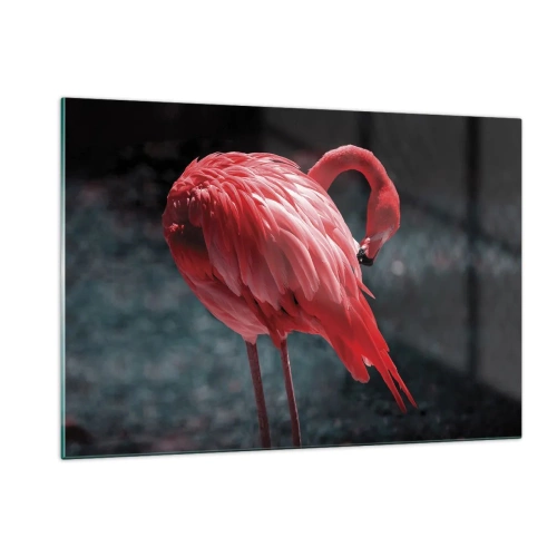 Impression sur verre - Image sur verre - Un flamant rose aux nuances intenses de rouge sur fond sombre - 120x80cm - Poème cramoisi de la nature - Décoration murale moderne pour le salon et la chambre ARTTOR