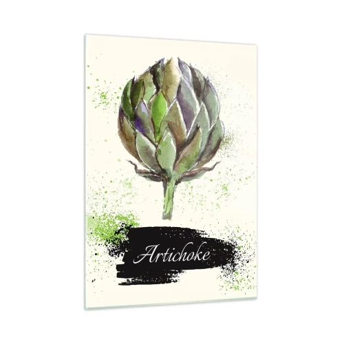 Impression sur verre - Image sur verre - Graphique d'artichaut à l'aquarelle avec le mot Artichaut écrit dessus - 50x70cm - Vive les légumes! - Décoration murale moderne pour le salon et la chambre ARTTOR