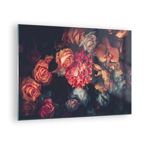 Impression sur verre - Image sur verre - Composition florale sombre avec des roses et des orchidées - 70x50cm - Comme chez les maîtres hollandais - Décoration murale moderne pour le salon et la chambre ARTTOR