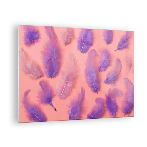 Impression sur verre - Image sur verre - Plumes violettes sur fond rose dans une composition délicate - 70x50cm - Oiseau de désir lilas - Décoration murale moderne pour le salon et la chambre ARTTOR