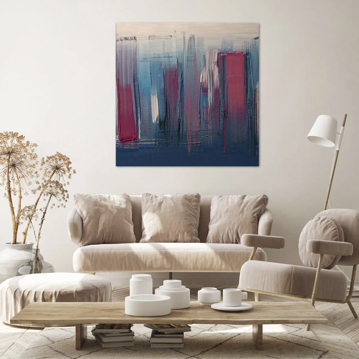 Impression sur toile - Image sur toile - Composition verticale en bleu et rouge - 50x50 cm