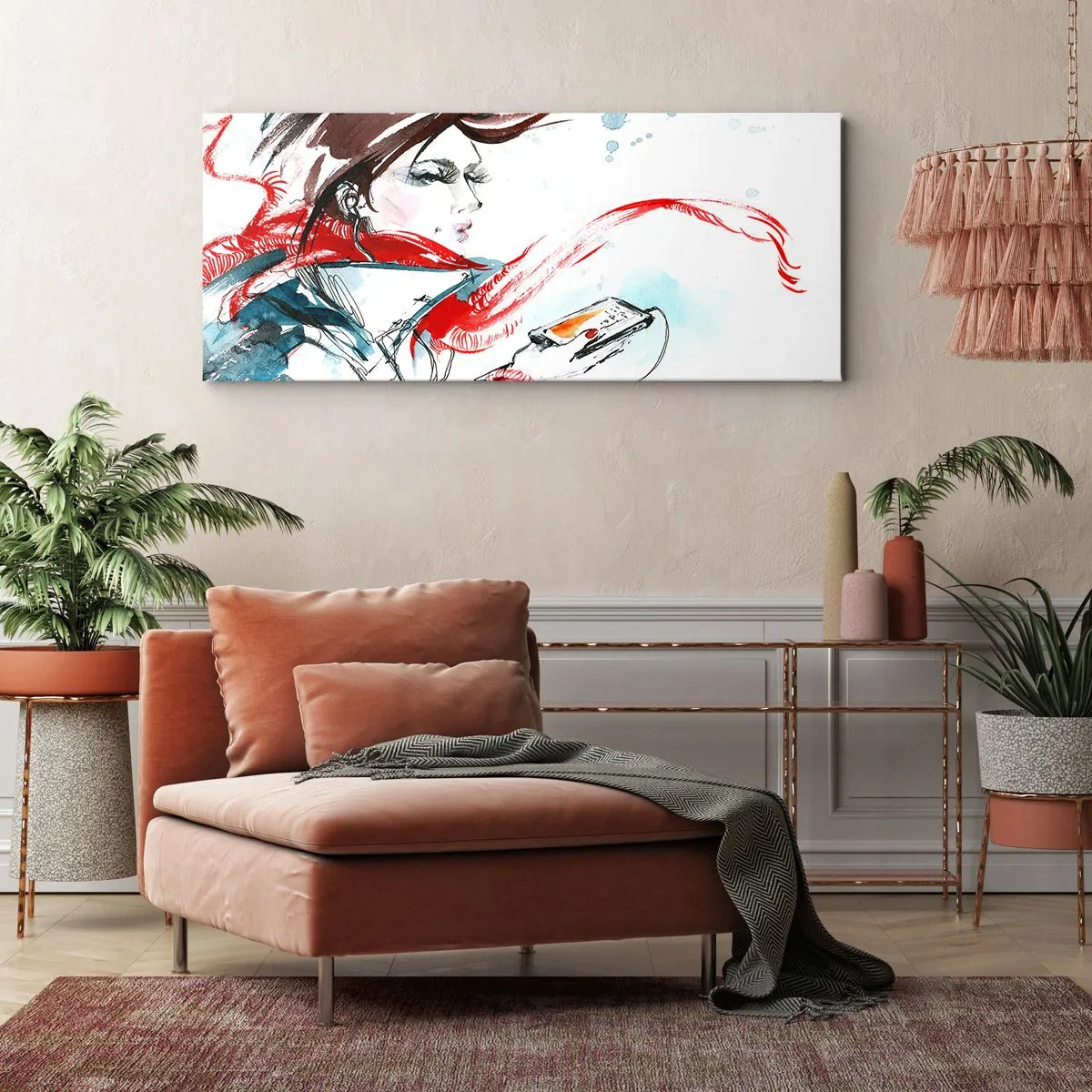Impression sur toile - Image sur toile - Une femme portant un foulard rouge avec des traits d'aquarelle dynamiques - 120x50cm - Quelque chose se passe en moi - Décoration murale moderne pour le salon et la chambre ARTTOR