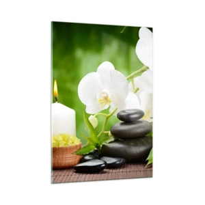 Impression sur verre - Image sur verre - Spa avec orchidées, pierres et bougies sur fond de verdure - 50x70cm - Doux, floral, toucher délicat - Décoration murale moderne pour le salon et la chambre ARTTOR