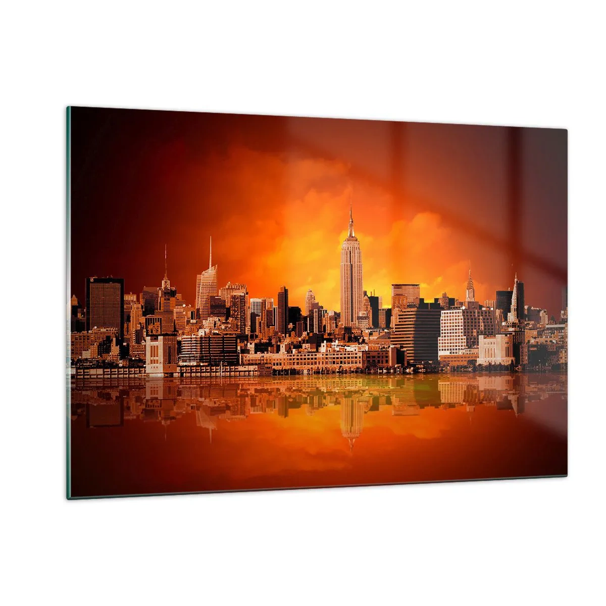 Impression sur verre - Image sur verre - Panorama de la ville au coucher du soleil - 120x80cm - Panorama de grande ville en jaune et bronze - Décoration murale moderne pour le salon et la chambre ARTTOR