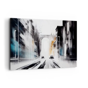 Impression sur toile - Image sur toile - Panorama abstrait de la ville avec un pont en arc - 120x80cm - Étude de ville : architecture et mouvement - Décoration murale moderne pour le salon et la chambre ARTTOR
