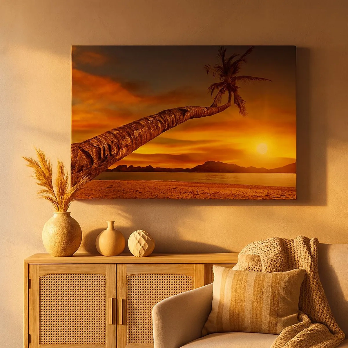 Impression sur toile - Image sur toile - Palmier sur la plage au coucher du soleil avec vue sur la mer - 70x50cm - Vacances exotiques, aventure caribéenne - Décoration murale moderne pour le salon et la chambre ARTTOR