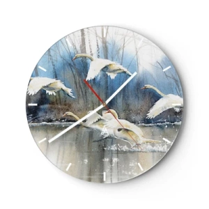 Horloge murale - Pendule murale - Cygnes s'envolant de la surface du lac avec la forêt en arrière-plan - 30x30cm - Comme dans un conte de fées sur les cygnes sauvages - Décoration murale moderne pour le salon, la cuisine et la chambre ARTTOR