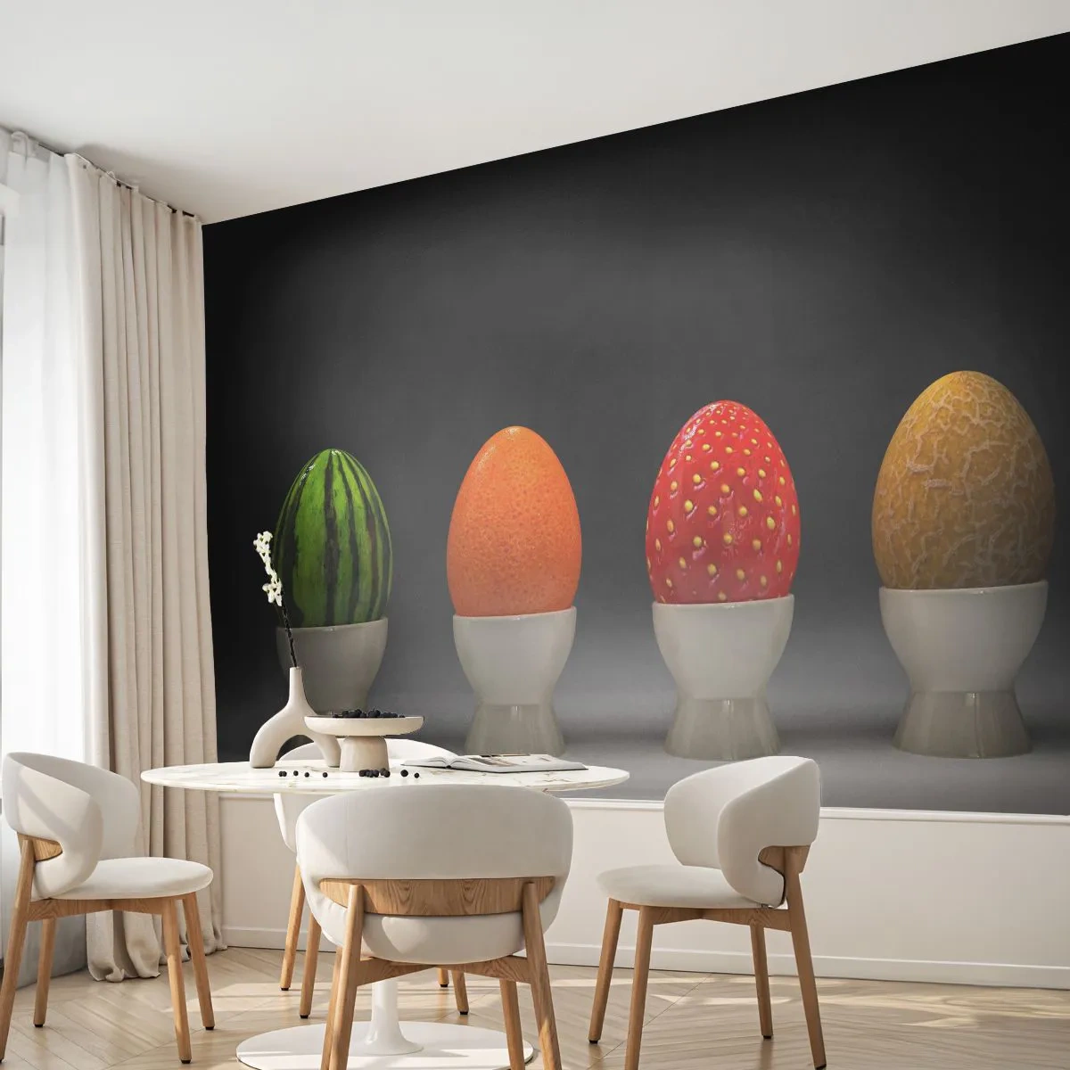 Papier Peint Photo Premium Sand - Œufs dans des verres avec des coquilles ressemblant à des fruits - 100x70cm - Petit-déjeuner fruité - Décoration murale moderne pour le salon et la chambre ARTTOR