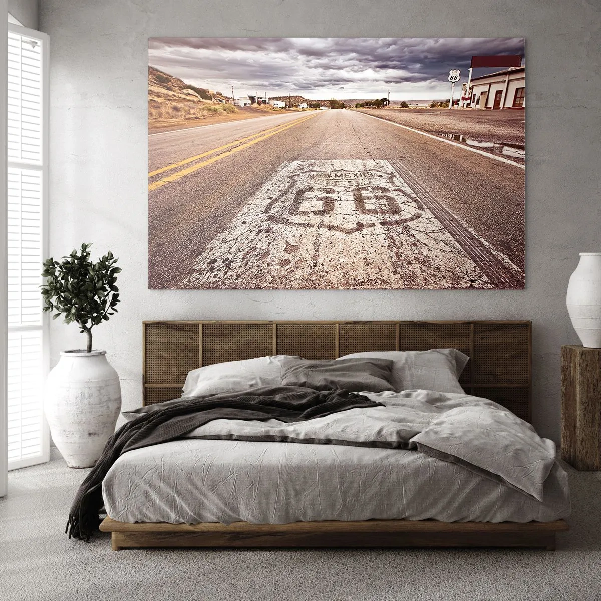 Impression sur verre - Image sur verre - Route 66 avec vue sur l'horizon - 70x50cm - Mother Road - une légende américaine - Décoration murale moderne pour le salon et la chambre ARTTOR