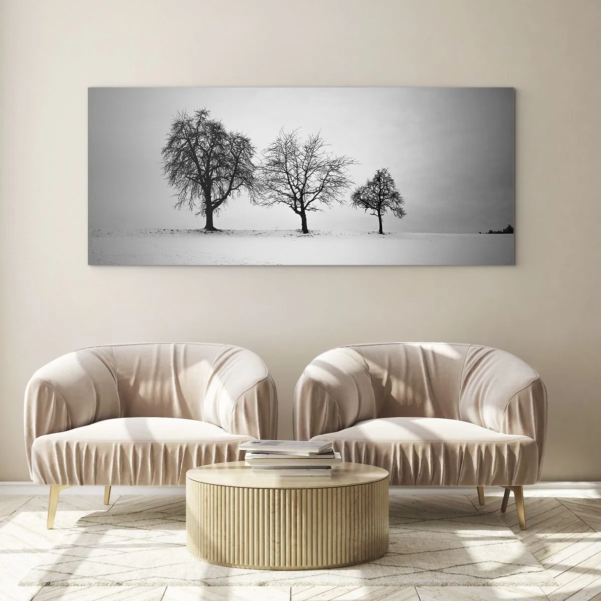 Impression sur verre - Image sur verre - Trois arbres dans un champ enneigé dans un style monochrome - 160x50cm - A quoi rêvent-ils? - Décoration murale moderne pour le salon et la chambre ARTTOR