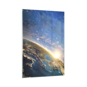 Impression sur verre - Image sur verre - Vue de la Terre depuis l'espace au lever du soleil - 80x120cm - Regardons-nous de loin - Décoration murale moderne pour le salon et la chambre ARTTOR