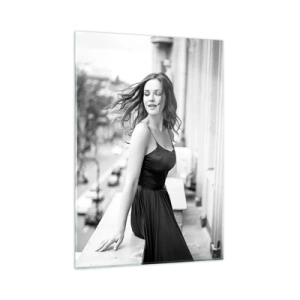 Impression sur verre - Image sur verre - Une femme en robe noire sur un balcon de style parisien - 50x70cm - Certainement un Parisien - Décoration murale moderne pour le salon et la chambre ARTTOR