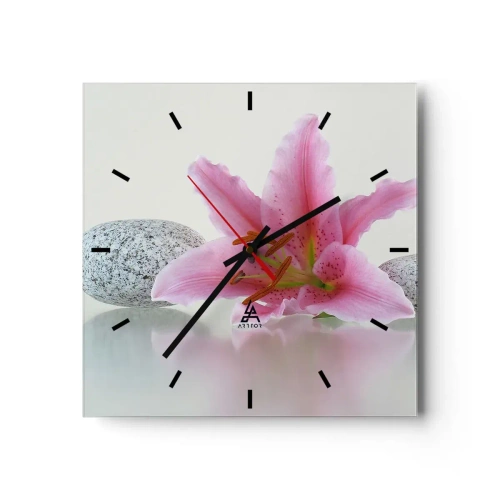 Horloge murale - Pendule murale - Fleur de lys rose avec des pierres sur un fond clair - 30x30cm - Étude de rose, gris et blanc - Décoration murale moderne pour le salon et la chambre ARTTOR