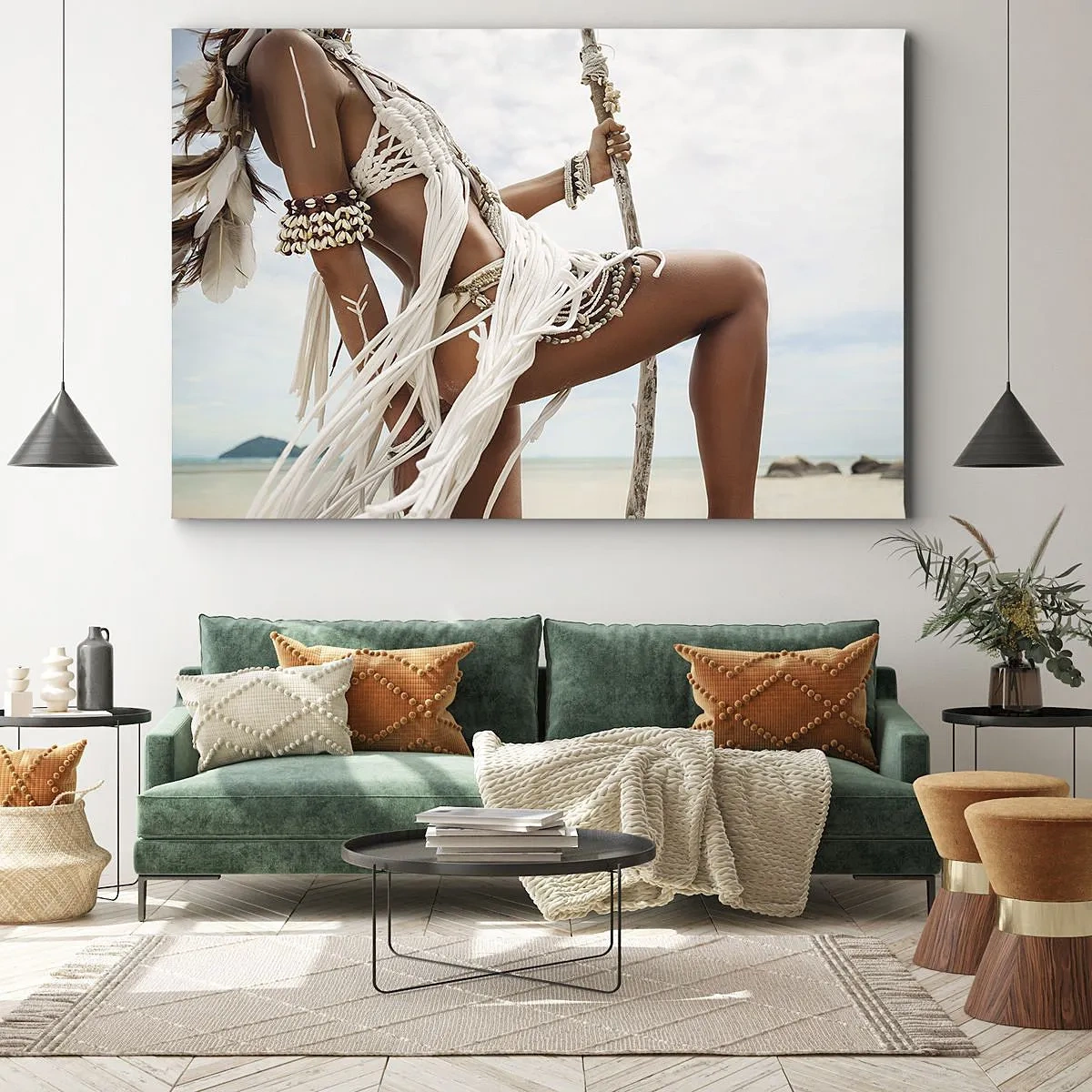 Impression sur toile - Image sur toile - Figure d'une femme portant des ornements et des vêtements ethniques sur fond de paysage tropical. - 70x50cm - Prêtresse du soleil - Décoration murale moderne pour le salon et la chambre ARTTOR