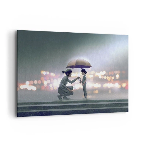 Impression sur toile - Image sur toile - Une silhouette avec un parapluie protégeant un enfant sur fond de lumières nocturnes. - 120x80cm - Et maintenant, tout va bien - Décoration murale moderne pour le salon et la chambre ARTTOR