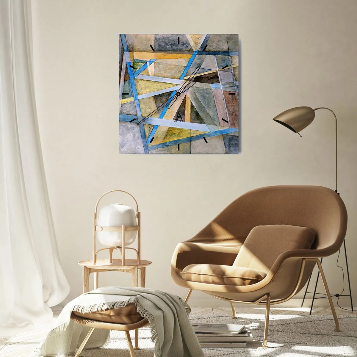 Horloge murale - Pendule murale - Composition géométrique avec des lignes claires et bleues - 30x30cm - Tout droit ou en diagonale ? - Décoration murale moderne pour le salon et la chambre ARTTOR