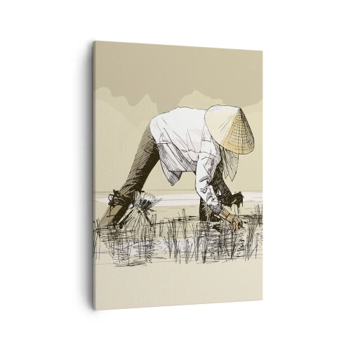 Impression sur toile - Image sur toile - Des agriculteurs travaillant dans une rizière portant des coiffures traditionnelles - 50x70cm - Récolte réussie - Décoration murale moderne pour le salon et la chambre ARTTOR