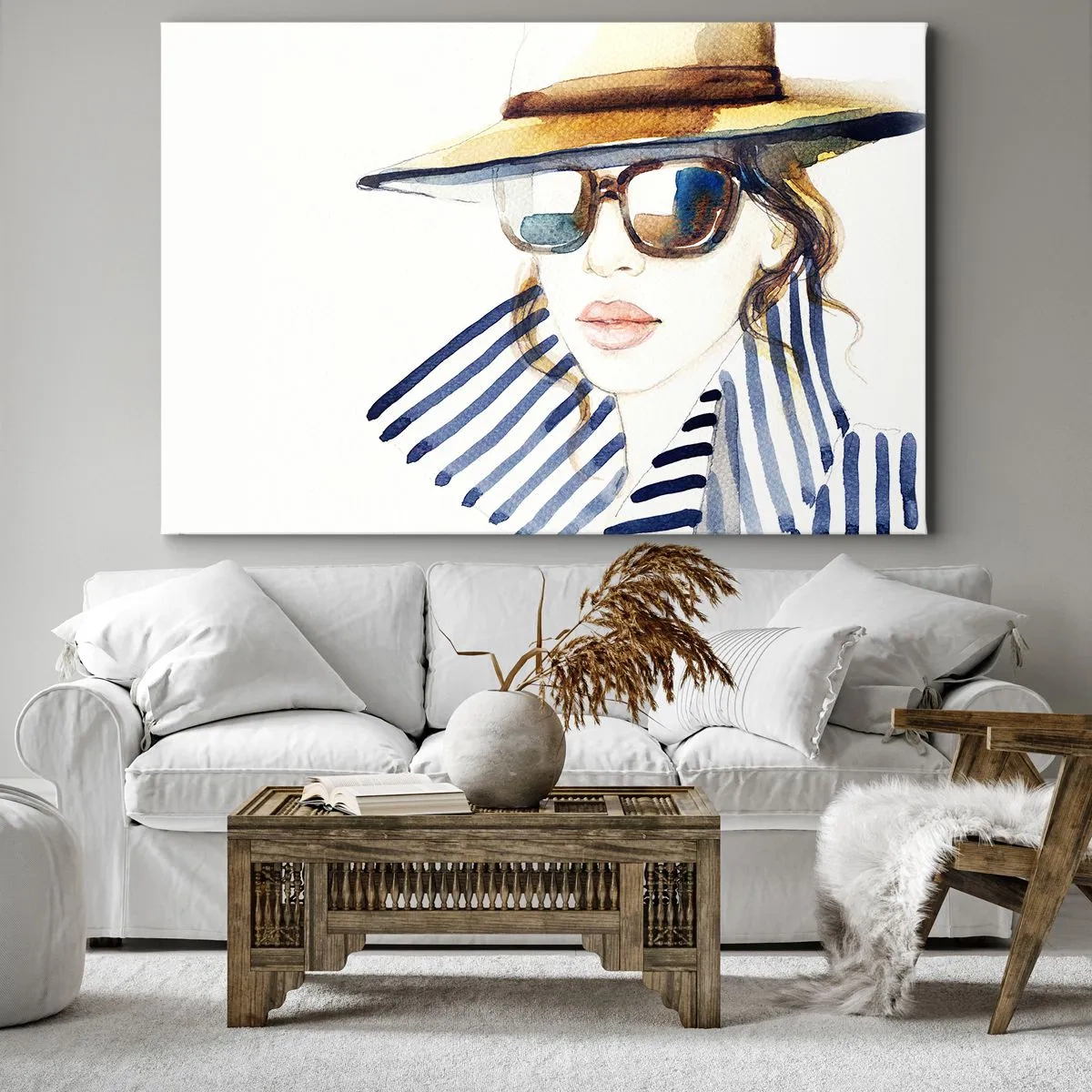 Impression sur toile - Image sur toile - Portrait d'une femme portant un chapeau et des lunettes de soleil - 70x50cm - La Floride vous souhaite la bienvenue ! - Décoration murale moderne pour le salon et la chambre ARTTOR
