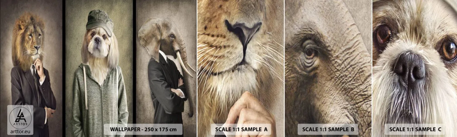 Échantillon de Papier Peint Autocollant Deluxe Sticker - je préfère plus détendu - Abstraction, Lion, Chien - 100x30 cm