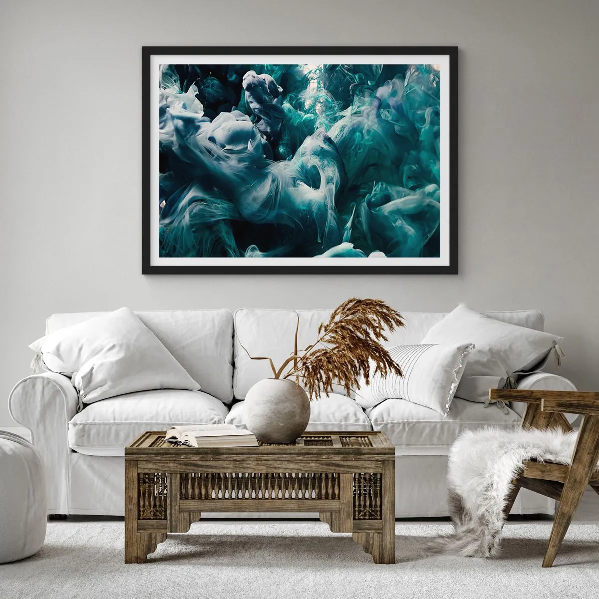 Affiche dans un cadre noir - Poster - Vagues abstraites dynamiques dans des tons de bleu et de blanc - 70x50cm - Mouvement des couleurs - Décoration murale moderne pour le salon et la chambre ARTTOR
