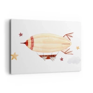 Impression sur toile - Image sur toile - Un dirigeable peint à la main sur fond d'étoiles - 100x70cm - Dirigeable - Décoration murale moderne pour le salon et la chambre ARTTOR