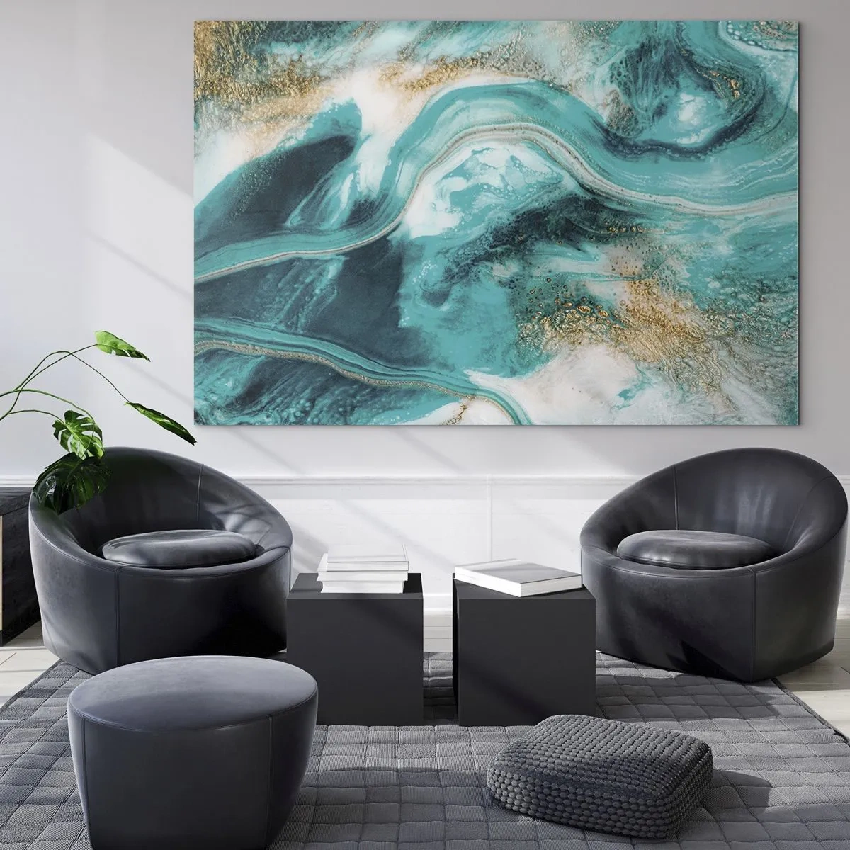 Impression sur verre - Image sur verre - Une composition abstraite en turquoise avec des accents dorés. - 100x70cm - Rivière d'or - Décoration murale moderne pour le salon et la chambre ARTTOR
