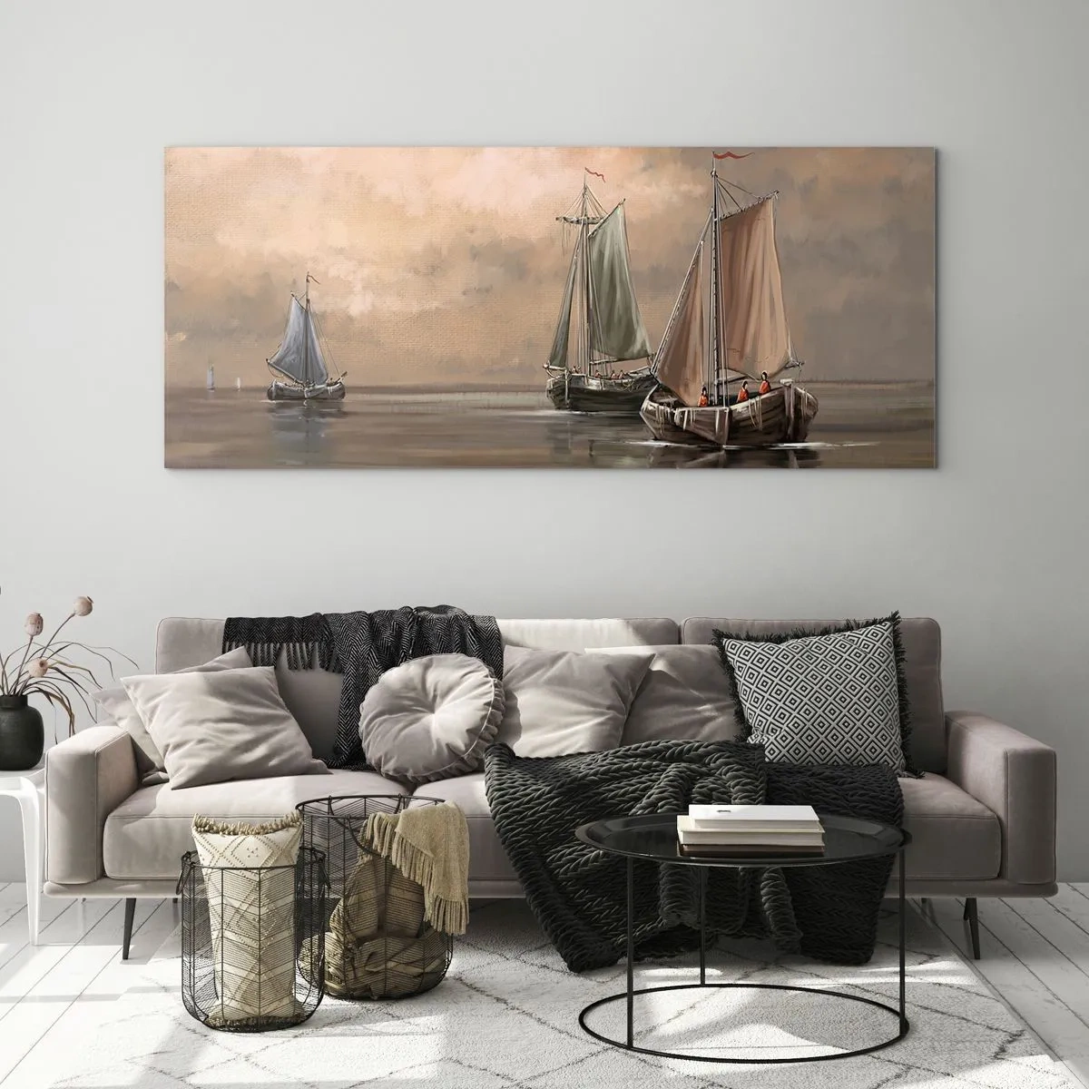 Impression sur verre - Image sur verre - Voiliers sur une mer calme dans un décor pastel - 160x50cm - Le retour des marins - Décoration murale moderne pour le salon et la chambre ARTTOR
