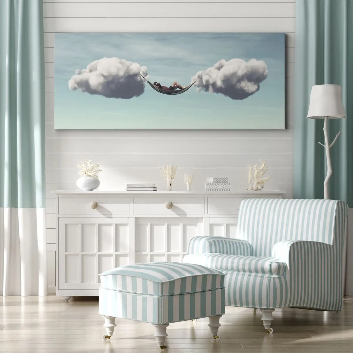 Impression sur toile - Image sur toile - Une personne se détendant dans un hamac suspendu dans les nuages - 120x50cm - Instant de bonheur - Décoration murale moderne pour le salon et la chambre ARTTOR