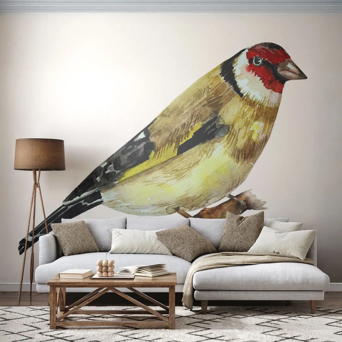 Papier Peint Photo Premium Sand - Illustration à l'aquarelle d'un chardonneret sur une branche - 100x70cm - Portrait d'oiseau - Décoration murale moderne pour le salon et la chambre ARTTOR