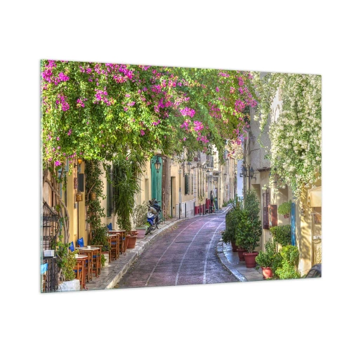 Impression sur verre - Image sur verre - Une charmante rue avec des arbres en fleurs - 100x70cm - Allée fleurie - Décoration murale moderne pour le salon et la chambre ARTTOR