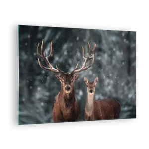 Impression sur verre - Image sur verre - Un cerf et une biche dans une forêt hivernale couverte de neige - 70x50cm - Le roi de la forêt avec sa femme - Décoration murale moderne pour le salon et la chambre ARTTOR