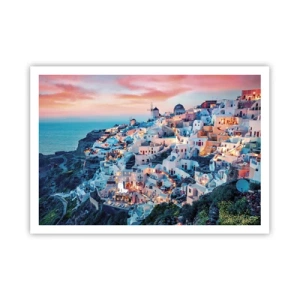 Affiche - Poster - Santorin au coucher du soleil avec des bâtiments blancs sur la colline - 100x70cm - Vos grandes vacances en Grèce - Décoration murale moderne pour le salon et la chambre ARTTOR