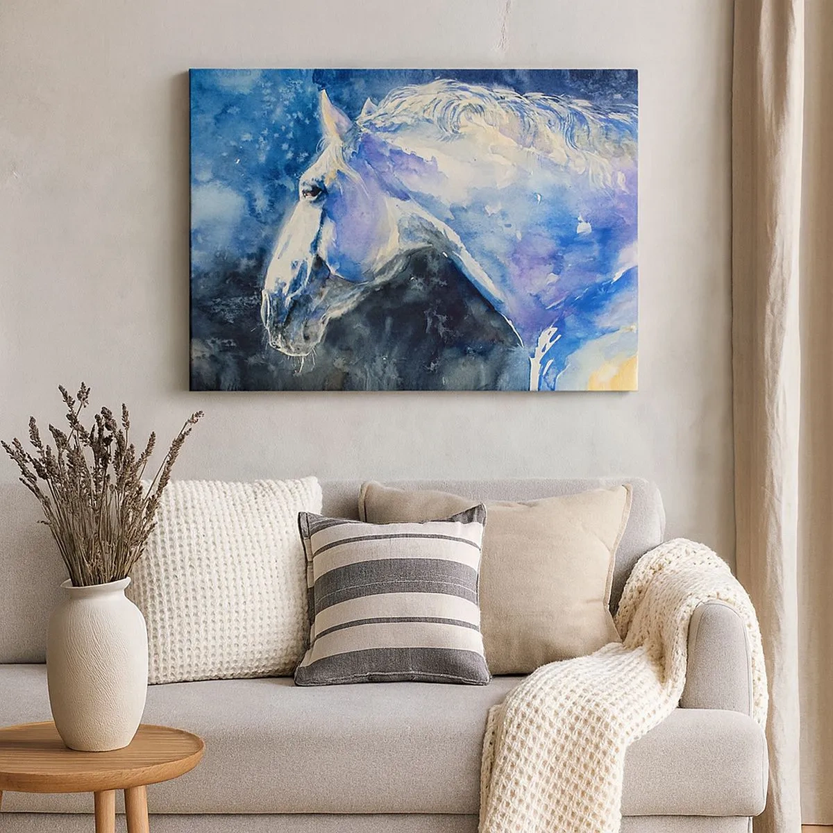 Impression sur toile - Image sur toile - Portrait d'un cheval dans des tons de bleu avec un effet aquarelle pictural. - 70x50cm - Portrait dans une lueur azur - Décoration murale moderne pour le salon et la chambre ARTTOR