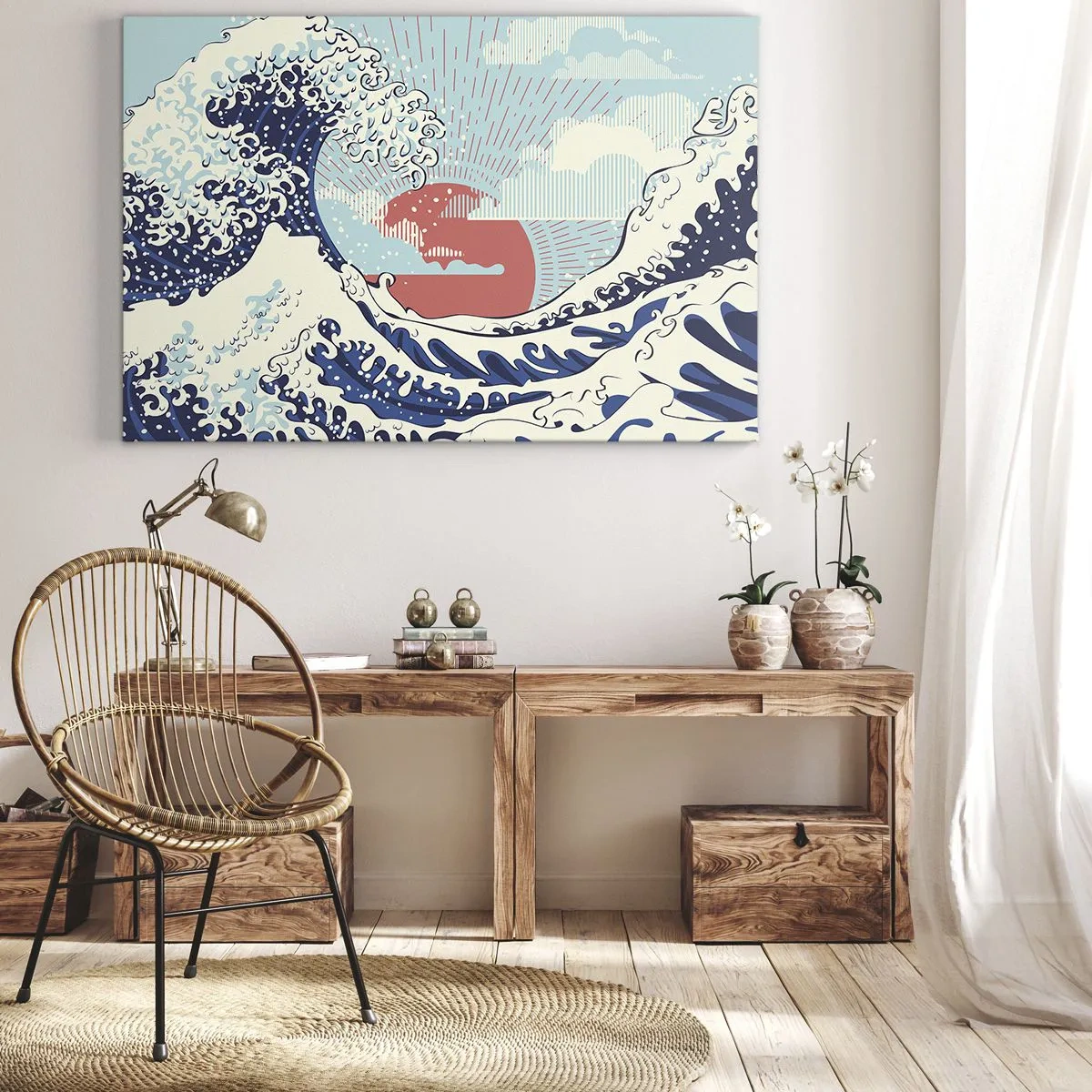 Impression sur toile - Image sur toile - Vagues de l'océan et coucher de soleil à la japonaise - 100x70cm - D'une inspiration japonnaise - Décoration murale moderne pour le salon et la chambre ARTTOR