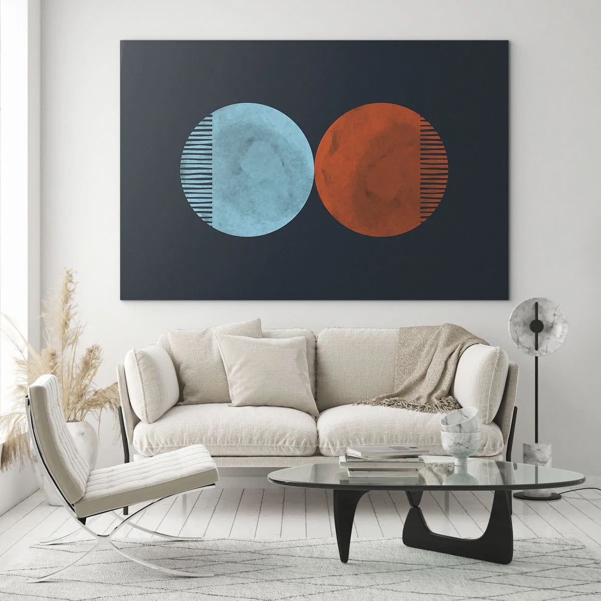 Impression sur verre - Image sur verre - Cercles abstraits en bleu et orange - 100x70cm - Seulement la géométrie ? - Décoration murale moderne pour le salon et la chambre ARTTOR