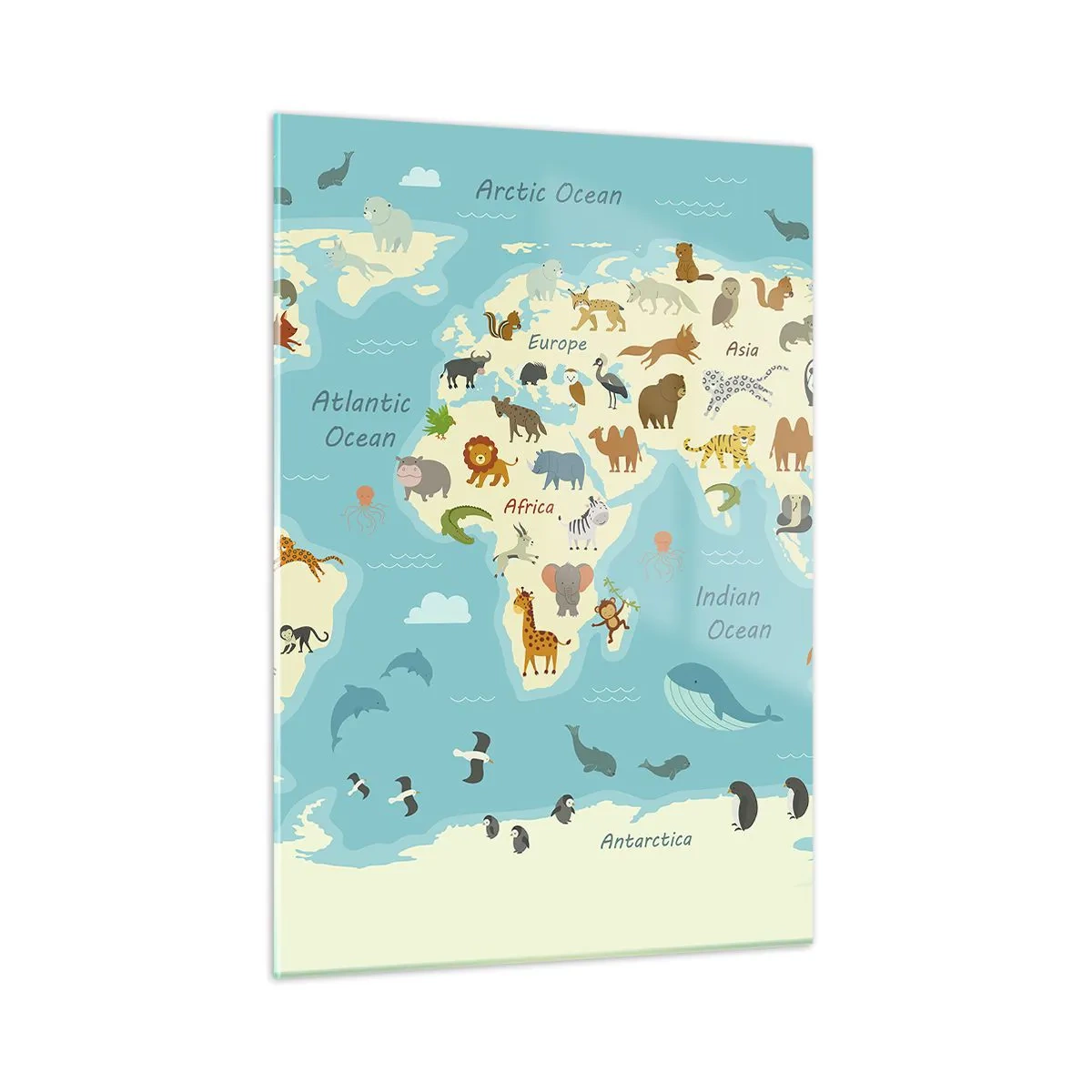 Impression sur verre - Image sur verre - Une carte du monde colorée avec des illustrations d'animaux de différents continents. - 50x70cm - De bons voisins - Décoration murale moderne pour le salon et la chambre ARTTOR