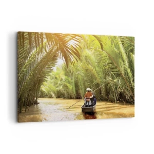 Impression sur toile - Image sur toile - Un bateau sur une rivière entourée de végétation tropicale - 120x80cm - Ravin de palmier - Décoration murale moderne pour le salon et la chambre ARTTOR