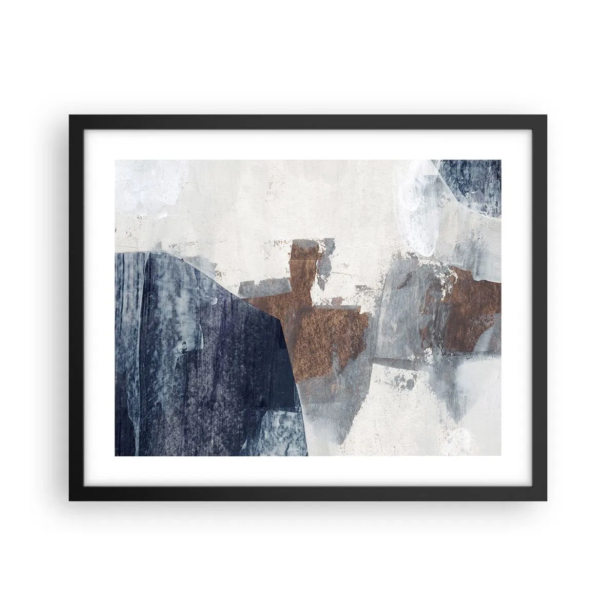 Affiche dans un cadre noir - Poster - Formes bleues et brunes - 50x40 cm
