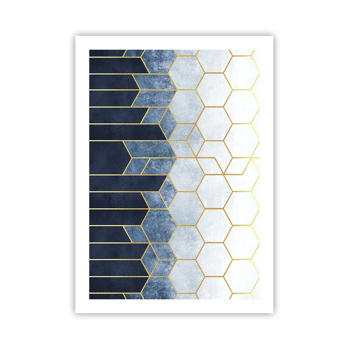 Affiche - Poster - Composition géométrique dans les tons bleu marine et or avec des hexagones - 50x70cm - Composition en rythme syncopé - Décoration murale moderne pour le salon et la chambre ARTTOR