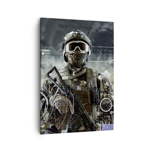 Impression sur toile - Image sur toile - Un soldat portant un casque futuriste avec une arme à feu en arrière-plan de la technologie. - 50x70cm - Puissance sans limite - Décoration murale moderne pour le salon et la chambre ARTTOR