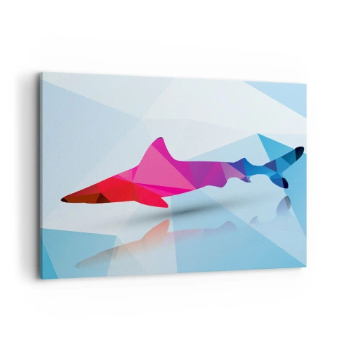Impression sur toile - Image sur toile - Silhouette de requin géométrique dans les tons rose et bleu - 100x70cm - Un requin dans un espace de cristal - Décoration murale moderne pour le salon et la chambre ARTTOR