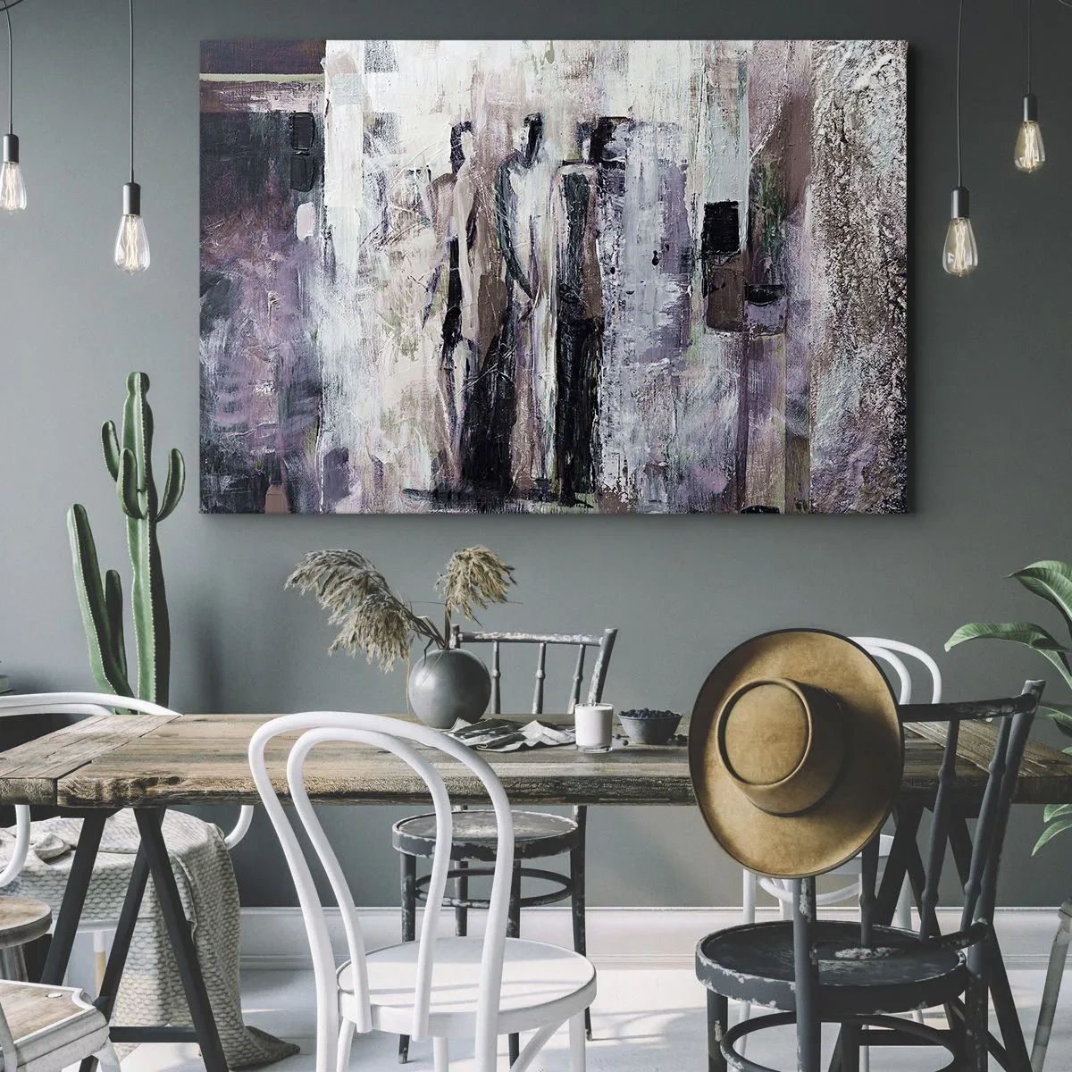 Impression sur toile - Image sur toile - Une composition abstraite avec trois personnages aux couleurs pastel. - 120x80cm - Les trois mystérieux - Décoration murale moderne pour le salon et la chambre ARTTOR